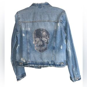Hipchik Couture Distressed Denim Jacket Shimmery Skull Small